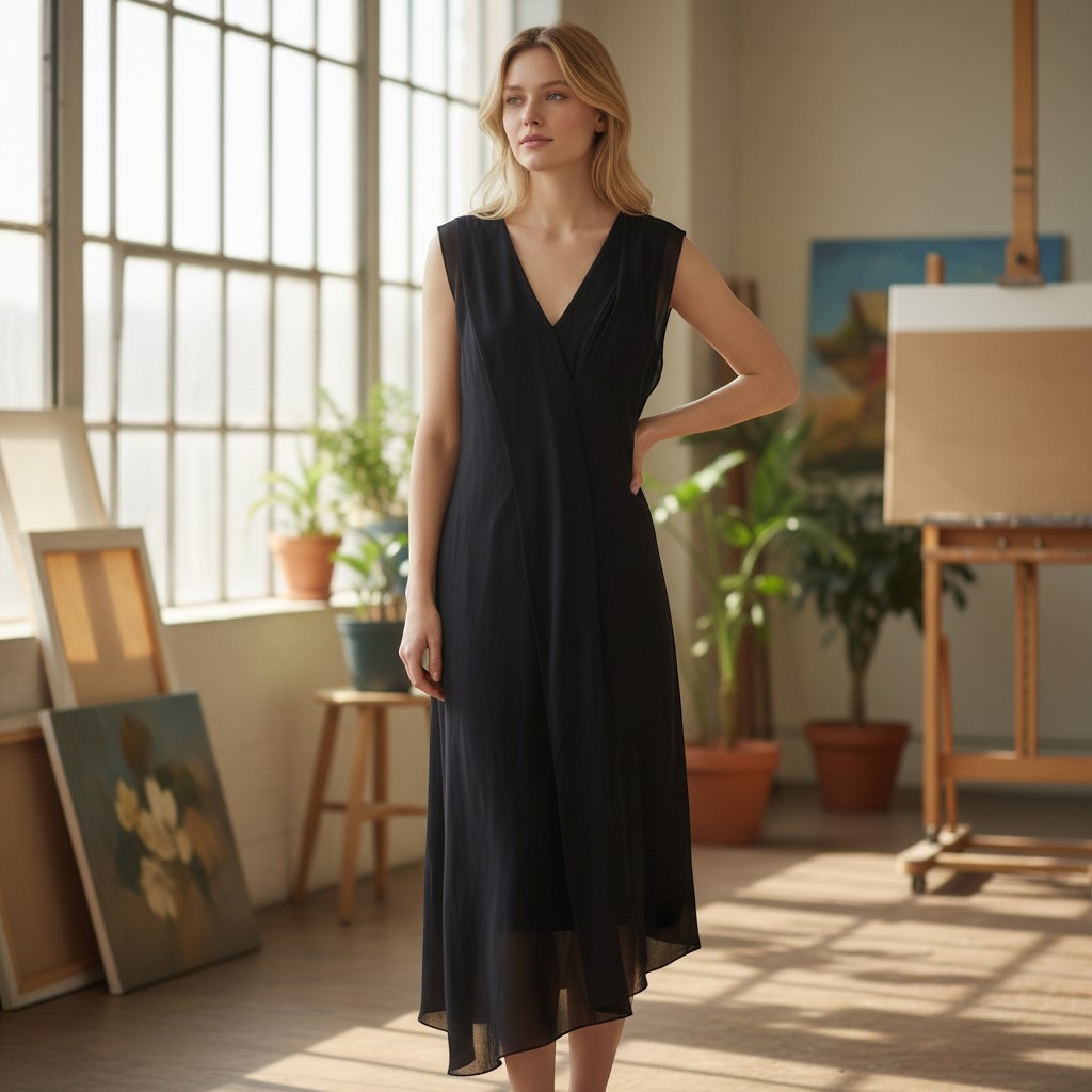 Reed Krakoff Midi Dress 6 Black Summer Luxury Asymmetrical V-Neck Silk Italy